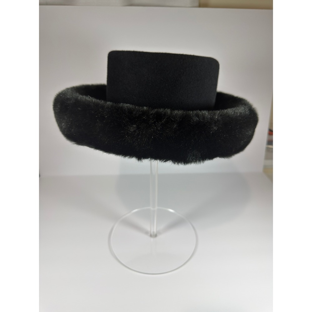 VTG Neiman Marcus Fur Felt Pillbox Hat Black Winter Formal Made in England